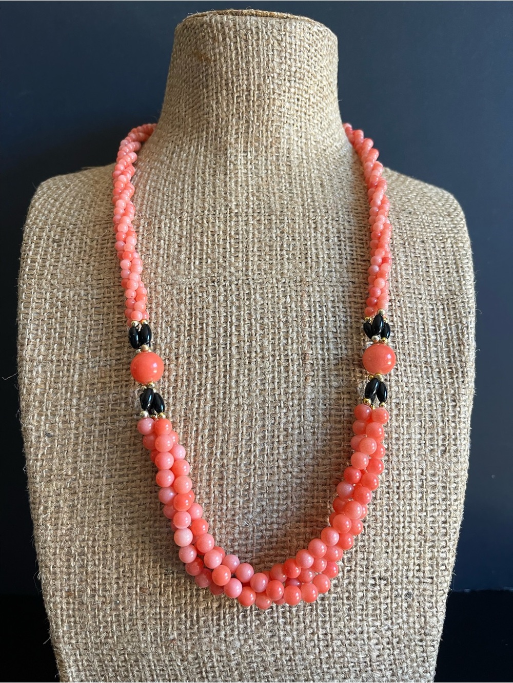 Vintage multi strand Coral color Beaded Necklace .